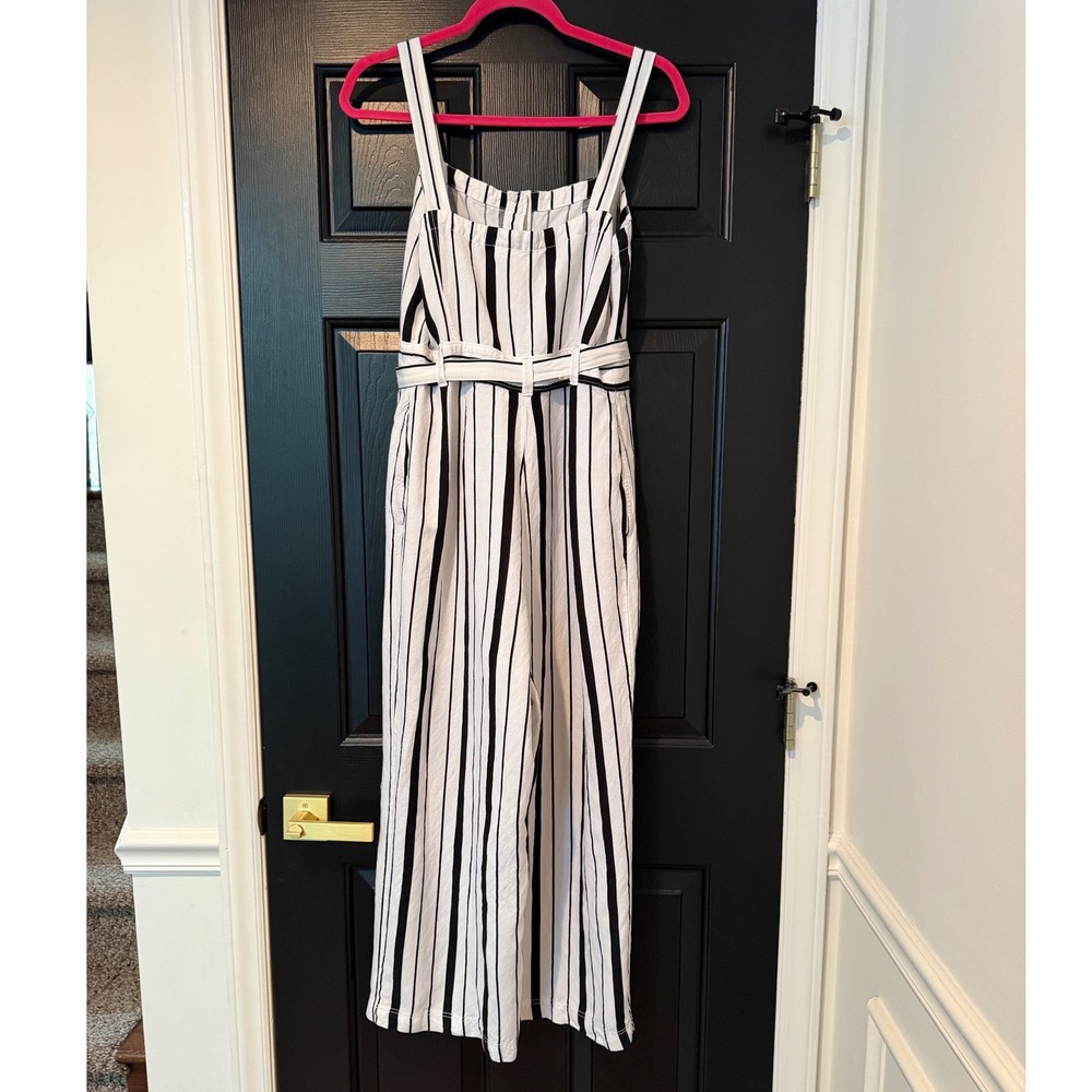 LOFT Striped Linen Blend Wide Leg Jumpsuit Black White Button Front Size 8 - Picture 10 of 10